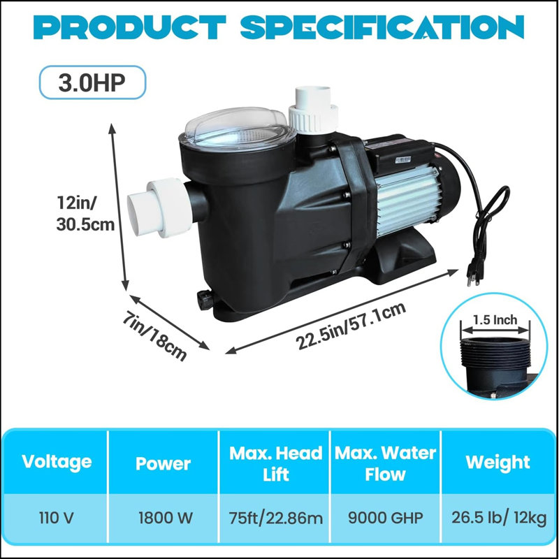 Pompe de piscine hors-terre de 3 hp, 110 V, débit élevé de 9 000 Gph, pompe de piscine haute efficacité de 1 800 W avec panier-filtre, pompes de piscine puissantes avec entrée / sortie 1,5 po (3,0 hp, 110 V)