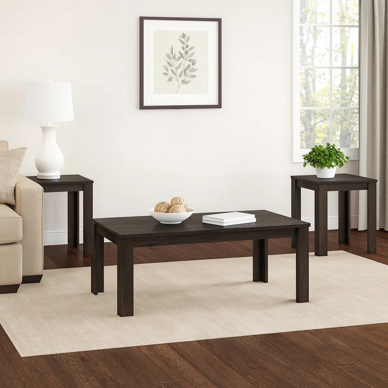 Ensemble de table basse et de table de bout 3 pièces Beck, rectangulaire et carrée, finition noire, Chêne brun foncé