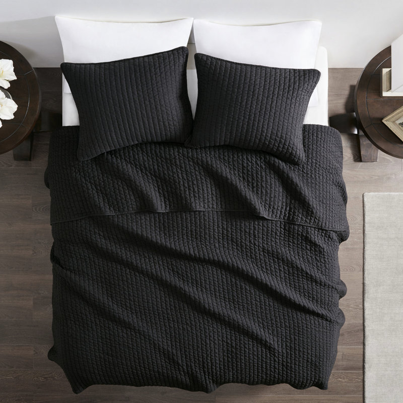 Courtepointe noire pour très grand / très grand lit, 3 pièces, corail réversible, microfibre avec rembourrage en coton, pièce de teinture, courtepointe corail, microfibre, rembourrage, literie élégante