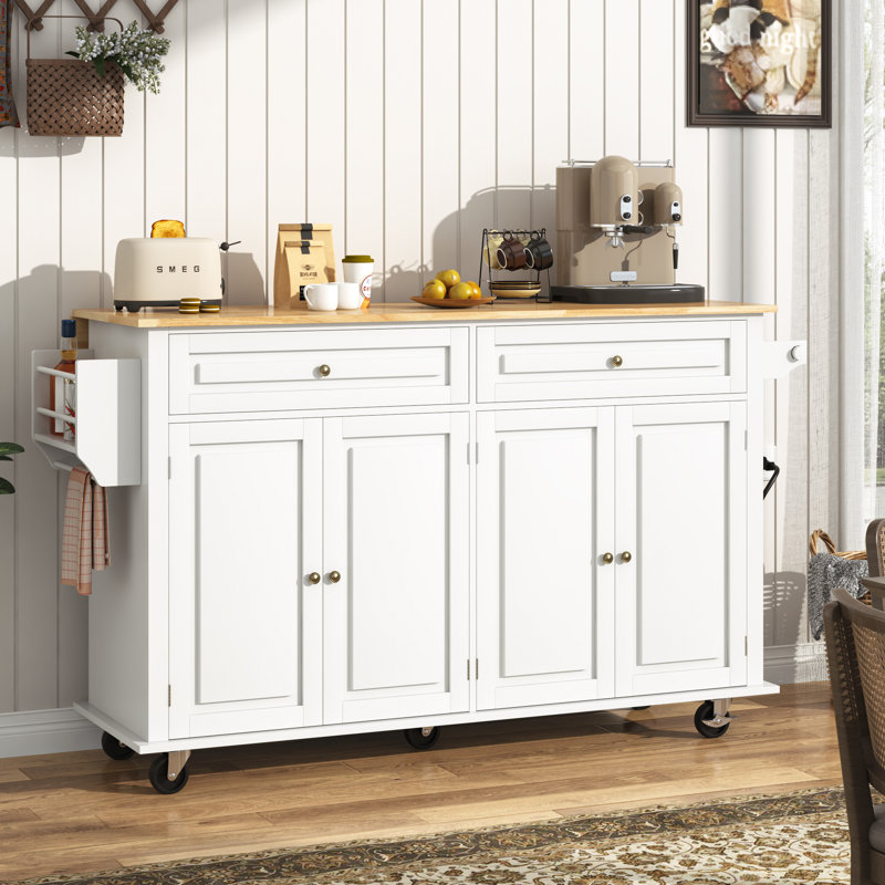63" Movable Kitchen Island with Drop Leaf and Power Outlet, Rolling Kitchen Cart with Rubber wood Countertop, Island Table on Wheels for Kitchen w/2 Drawers, Spice Rack, Towel Bar, Adjustable Shelves