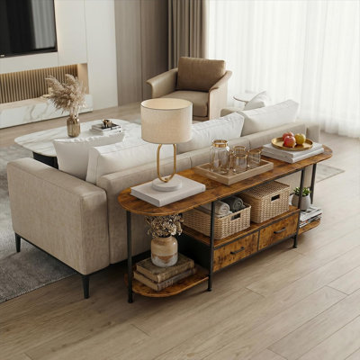 Meuble télé moderne en bois courbé de 63 pouces avec 2 tiroirs en tissu, console multimédia pour téléviseurs jusqu'à 70 pouces.