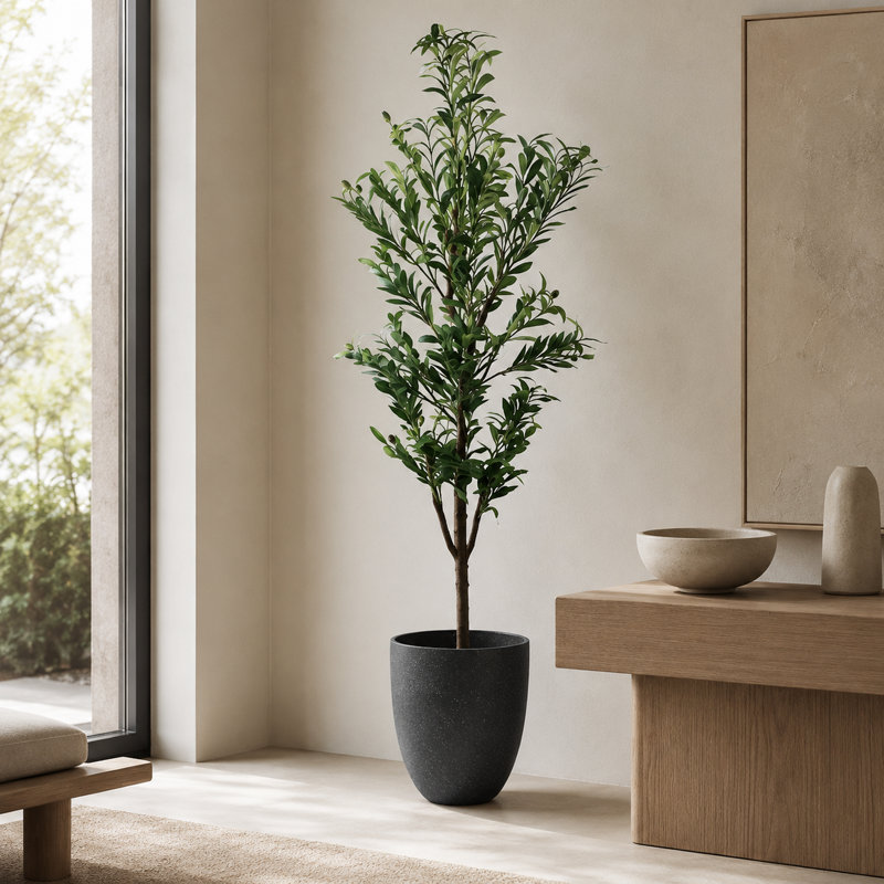 Pots ronds d'olivier artificiel de type B et résine, Noir, H 19,69 po x l 70,87 po x P 19,69 po