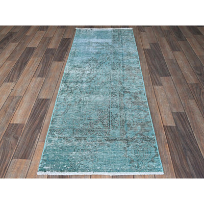 2'x5'9" Ocean Blue, Overdyed Vintage Persian Tabriz, Worn and Distressed, Sides and Ends Professionally Secured, Shaved Down, Hand Knotted, Pure Wool, Fragment, Short & Narrow Runner, Oriental Rug