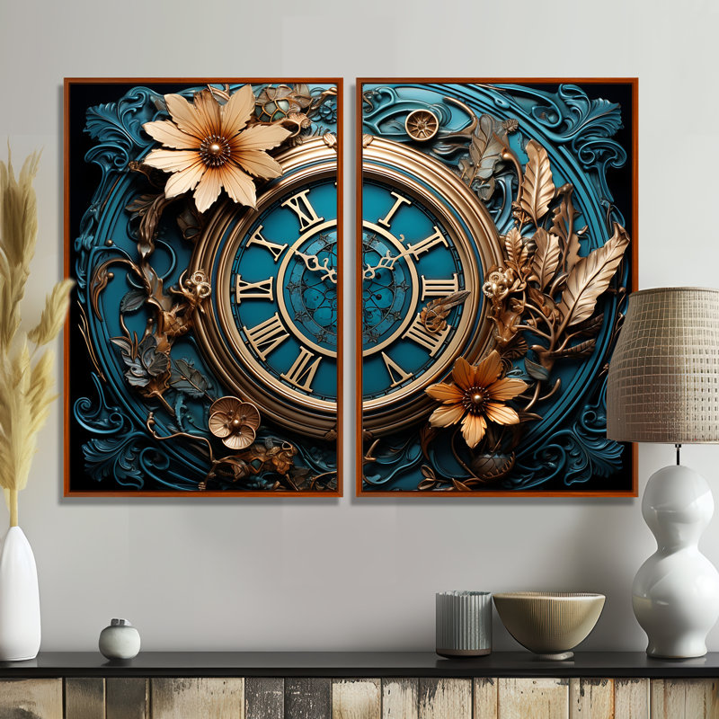 Horloge industrielle Elegance I - mode, ensemble de 2 impressions sur toile, H 36 po x l 48 po, Impression encadrée flottante