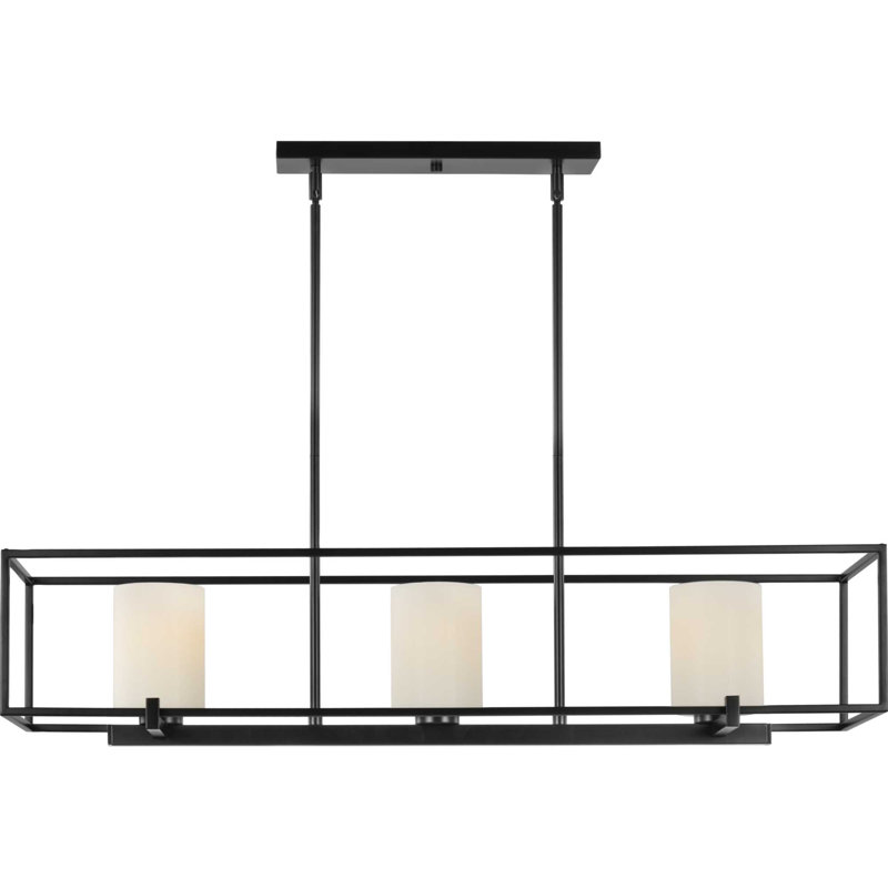 Matte Black Steel Linear Chandelier with Opal Glass Shades