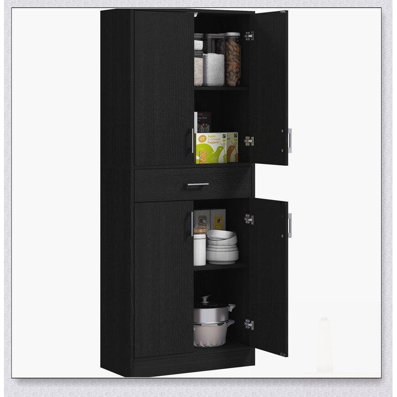 Armoire de cuisine autoportante de 71 pouces avec tiroir et tablette réglable, finition noire patinée pour plus de rangement