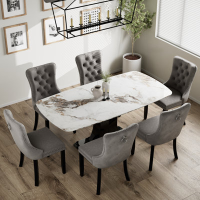 Ensemble repas rectangulaire à piédestal en marbre avec chaise de salle à manger capitonnée en velours