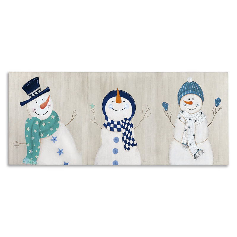«Happy Snowman Trio», art mural sur toile par Janet Tava, H 20 po x l 48 po
