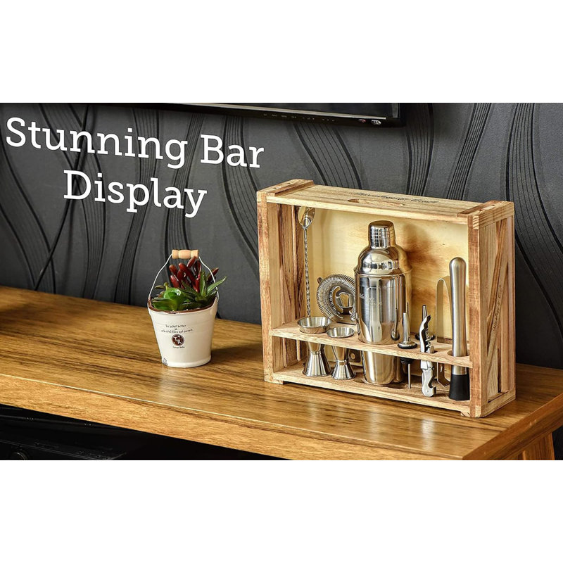 Silver Stainless Steel 11-Piece Bartender Kit with Wood Stand