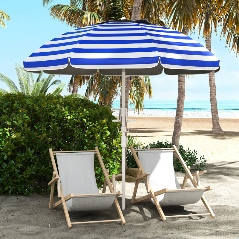 Parasol portatif, mécanisme réglable en hauteur et inclinable, auvent protégé de plus de 40 ans, 2 crochets pour porte-gobelets, rayure bleue et blanche ventilée avec fonction et hauteur, toit, extérieur