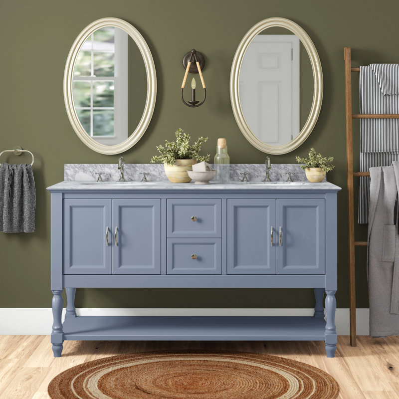 Hampton 60'' Double Bathroom Vanity with Top, White, Carrara Marble