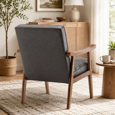 Mid-Century Modern Accent Chair, Solid Wood Frame Leather Look Microfiber Armchair with Open-Framed Arm Design, Plush Padded Seat and Back Cushion for Living Room Bedroom