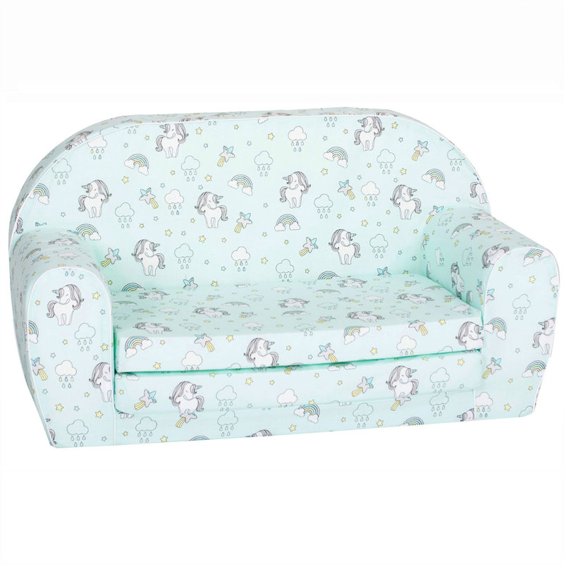  Toddler Couch & Kids Flip Open Foam Double Sofa, Unicorns & Rainbows, Mint