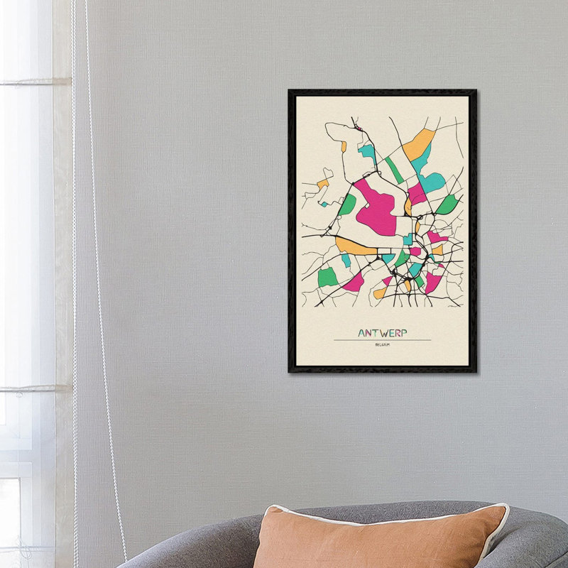 Antwerp, Belgium Map by Ayse Deniz Akerman - Print on Canvas, 66.04 cm H x 45.72 cm W, Black Floater Frame