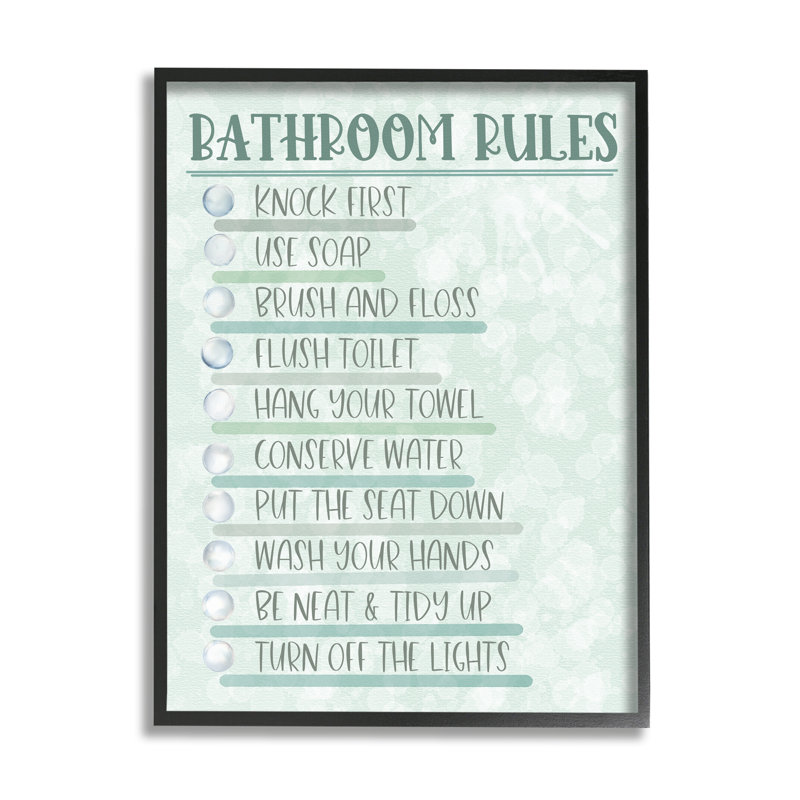 «Bathroom Rules On Green», encadré sur bois par Matthew Piotrowicz, art textuel, Giclée encadrée noir minuit