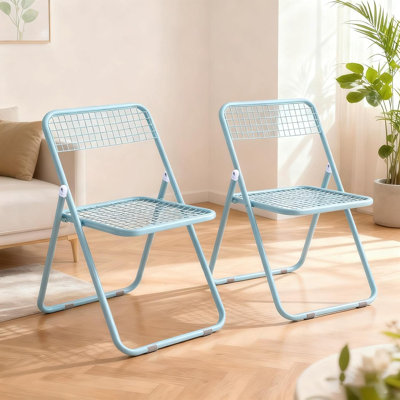 Set Of 2 Foldable Indoor Outdoor Folding Chair Reinforced Metal Frame Space Saving Design, Blue
