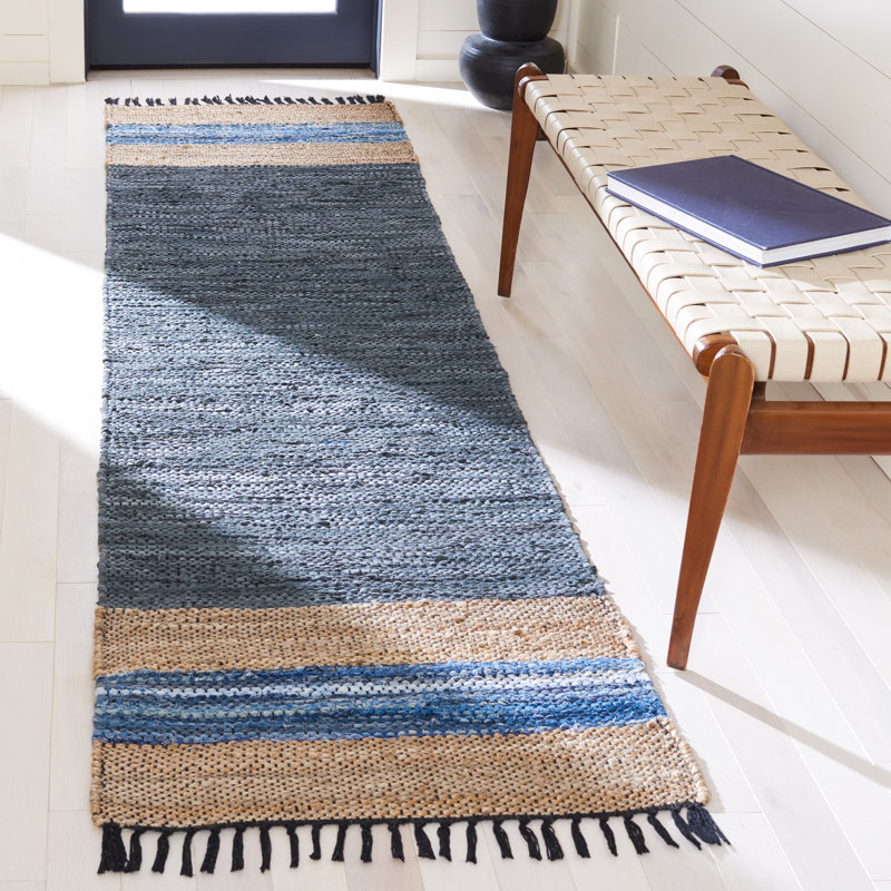 Tapis bleu / beige tissé à la main Patrick, Tapis de couloir 2 pi 3 po x 7 pi