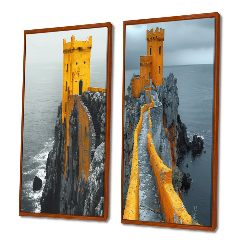 Ensemble de 2 pièces d'art mural monochromes du château côtier d'hiver gris et jaune, H 28 po x l 24 po, Cadre flottant brun