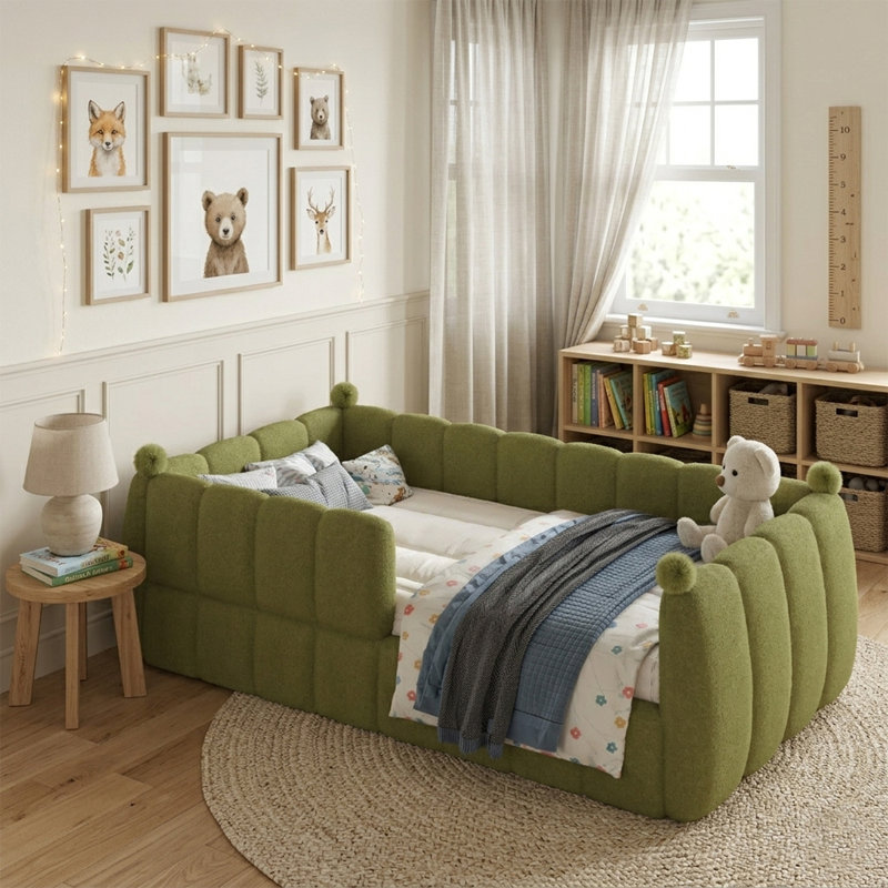 Lit de sol rembourré avec garde-corps Modern Boucle, Twin, Antique Green