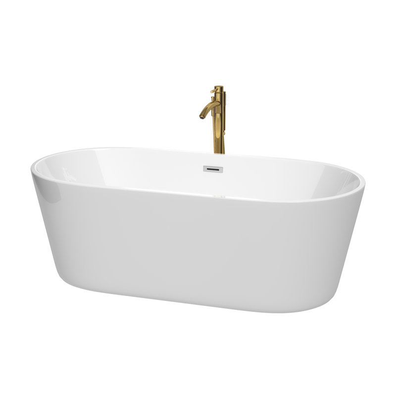 Carissa 67'' x 32'' Freestanding Soaking Acrylic Bathtub with Faucet, White/Polished Chrome/Brushed Gold