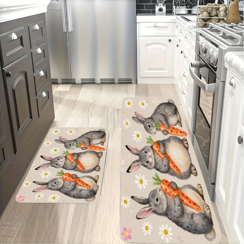 Ensemble de 2 lapins gris avec carottes, tapis de cuisine