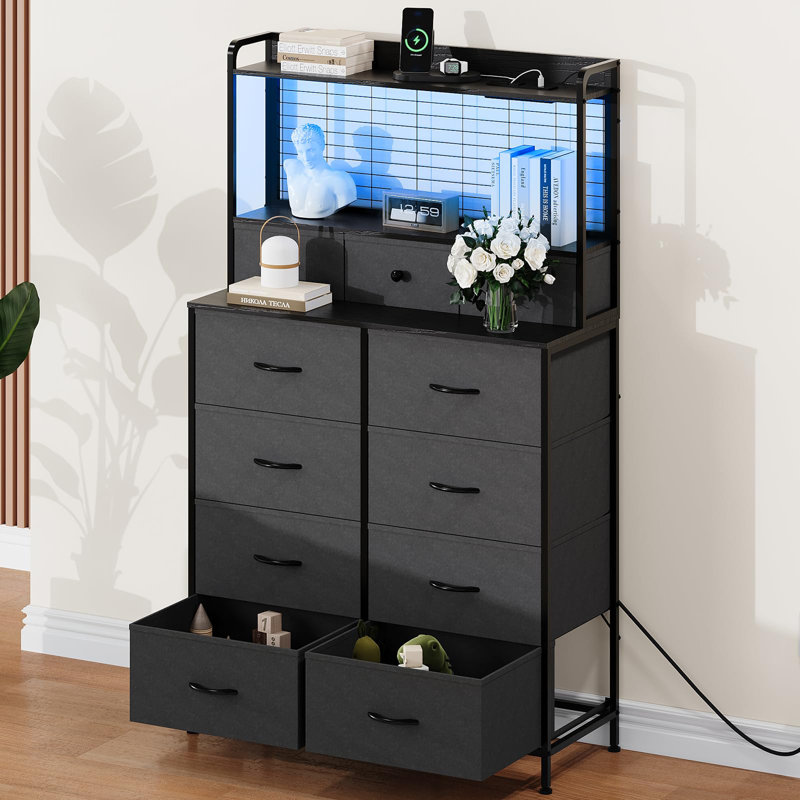 Commode 11 tiroirs en tissu avec chargement sans fil, lumières à DEL RVB contrôlées par l'application et tablette ouverte