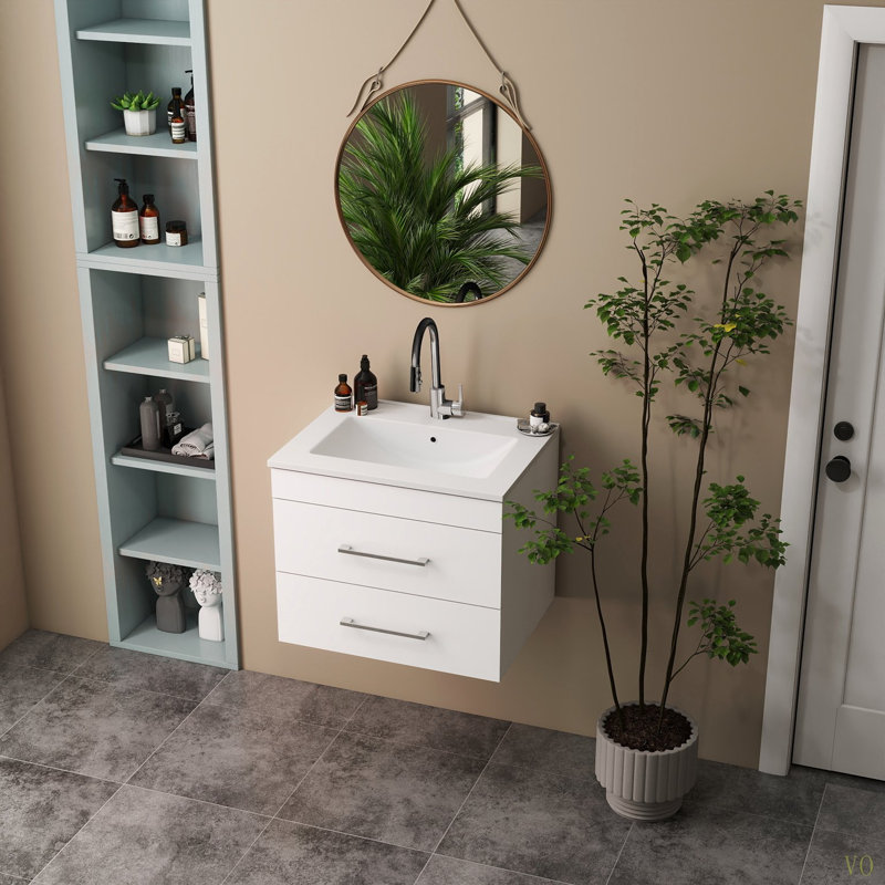 Le meuble-lavabo mural de 24 pouces avec tiroirs doubles, système de fermeture en douceur, lavabo en céramique, crée un espace de salle de bain moderne et minimaliste