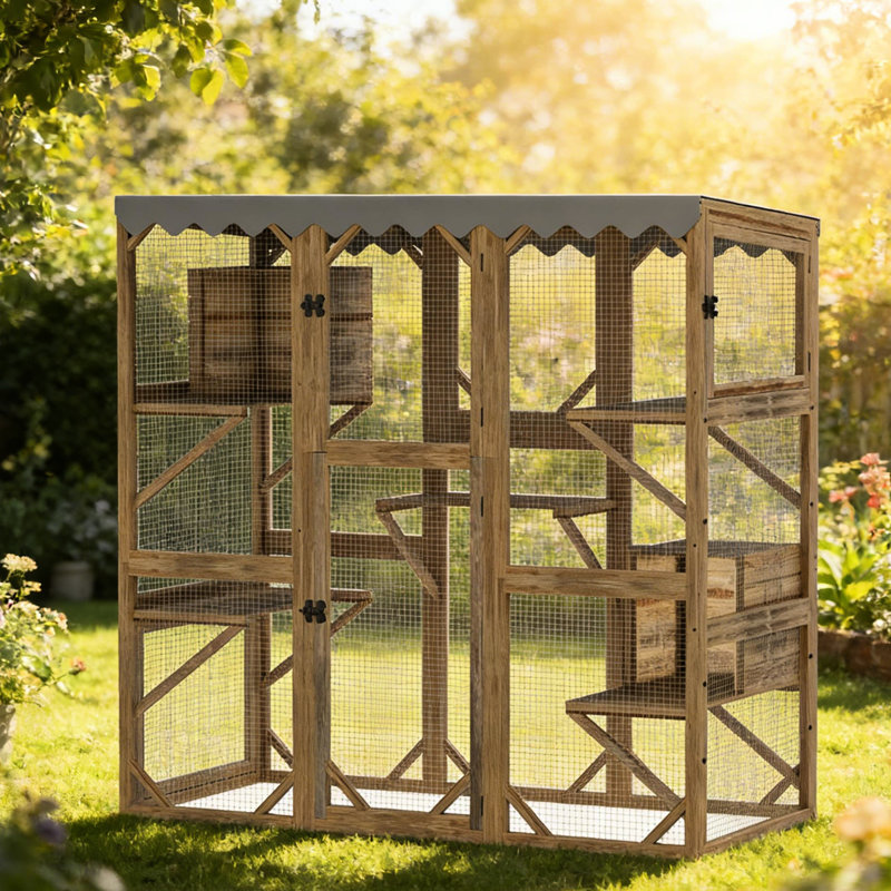 Enceinte d'extérieur pour chat avec quatre portes d'accès, aire de jeu extensible, cinq plateformes, deux maisons, bois massif et fil galvanisé, toit bâche
