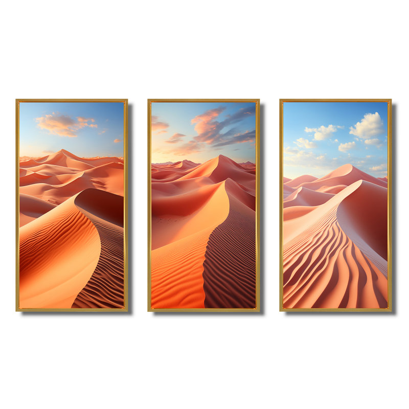 «Desert Photo Sunkissed Sands», 3 pièces, Encadrement doré, H 28 po x l 36 po