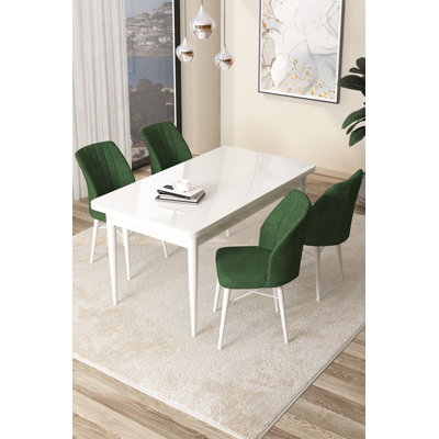 Ensemble de table et chaises de salle à manger moderne 5 pièces, blanc et kaki | Table en carton 100% enduit mélamine, table: 43,3 po x 29,9 po x 28,0 po | Chaises: 17,7 x 35,4 x 16,5 po, structure en métal, tissu Jerry, élégant et durable pour les maisons contemporaines