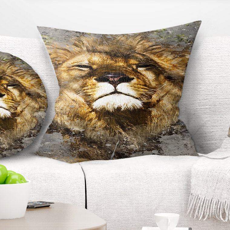 Tête de lion avec coussin de texture animal, 16 po x 1 po, Coussin décoratif