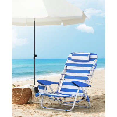 Chaise de plage, chaise de camping pliante, chaise d'extérieur portable, capacité de 331 lb, transportable comme sac à dos, avec dossier réglable, appui-tête, accoudoir, 2 poches latérales, bleu et blanc UGSB62BU