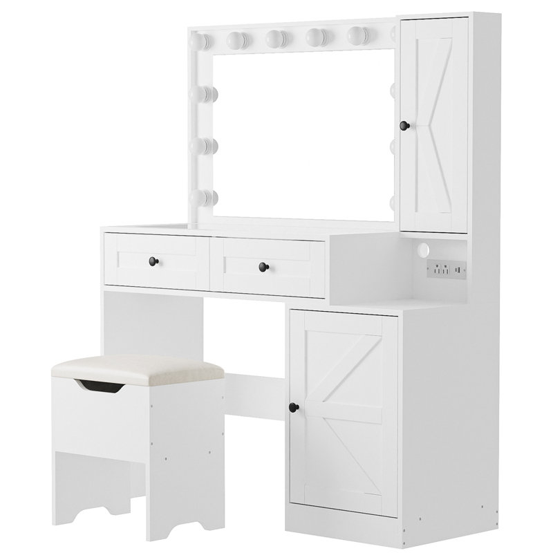 Farmhouse 43.3" Vanity Desk with Hollywood Mirror Lights, Rustic Dressing Table Set with 2 Drawers & 2 Cabinets, Large Makeup Vanity with Stool for Bedroom, Distressed Wood Vanity Desk with Storage