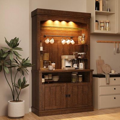 72" Farmhouse Coffee Bar Cabinet with LED Lights, Wine Rack & Glass Shelves, Large Kitchen Sideboard for Living Room, Dining Room