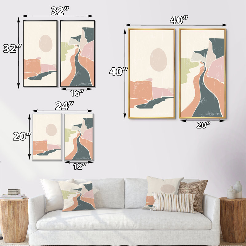 «Retro Coloured Vintage Landscape I», ensemble de 2 peintures, H 40 po x l 40 po x P 1,5 po, Toile avec cadre noir