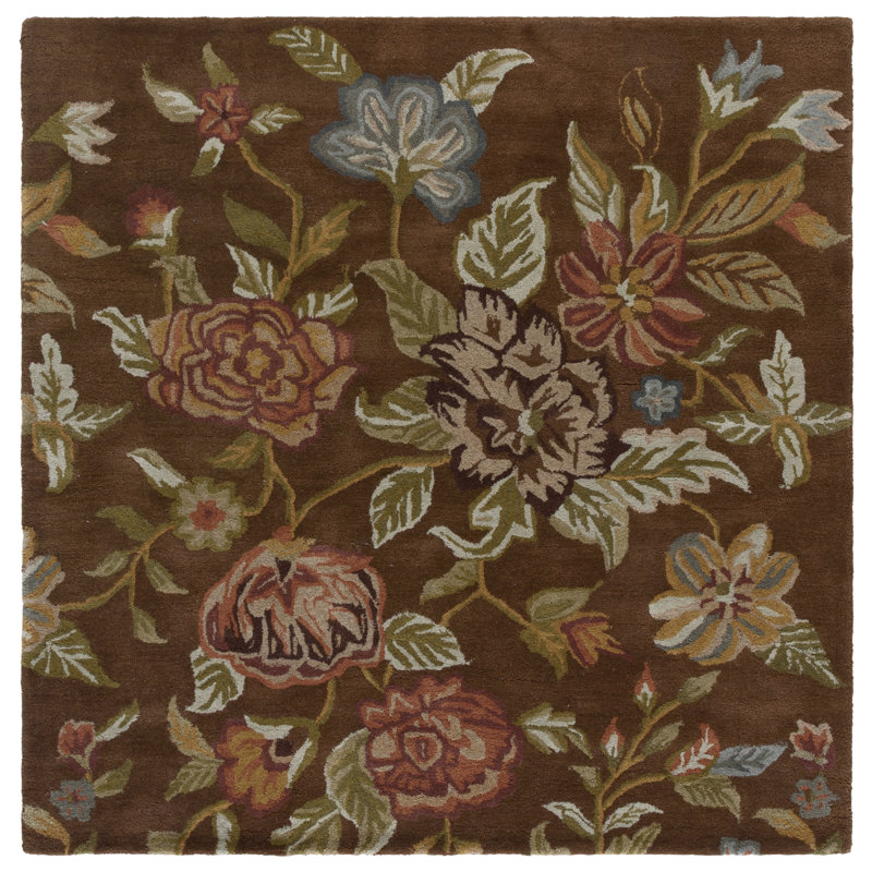 Tapis en laine, coton et latex brun à motif floral crocheté à la main Emrick, Carré 6 pi