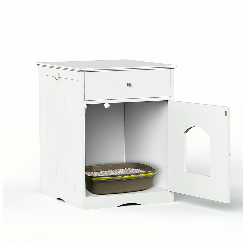 Armoire de rangement en bois pour litière pour chat avec tiroirs, table d'appoint, cage intérieure pour animal de compagnie, armoire de chevet pour chat (blanc)