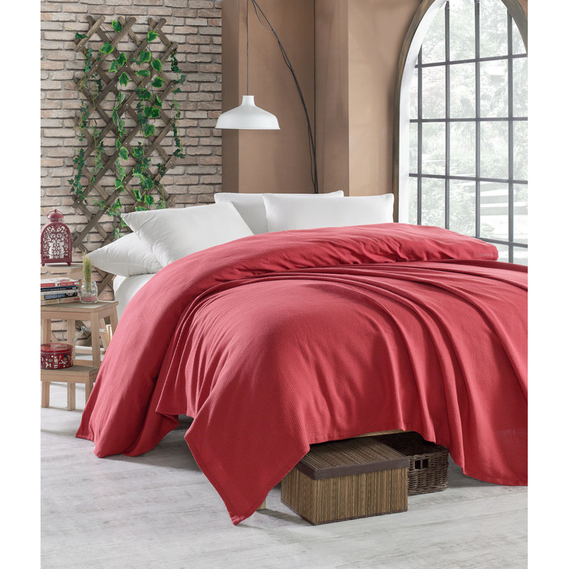 Lamarr Cotton Solid Colour Bedspread, 200 x 230 cm Bedspread, Dark Red