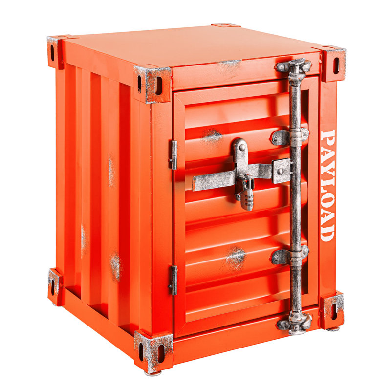 Jearldean Industrial Iron Retro Style Container Side Table With Lock, Orange