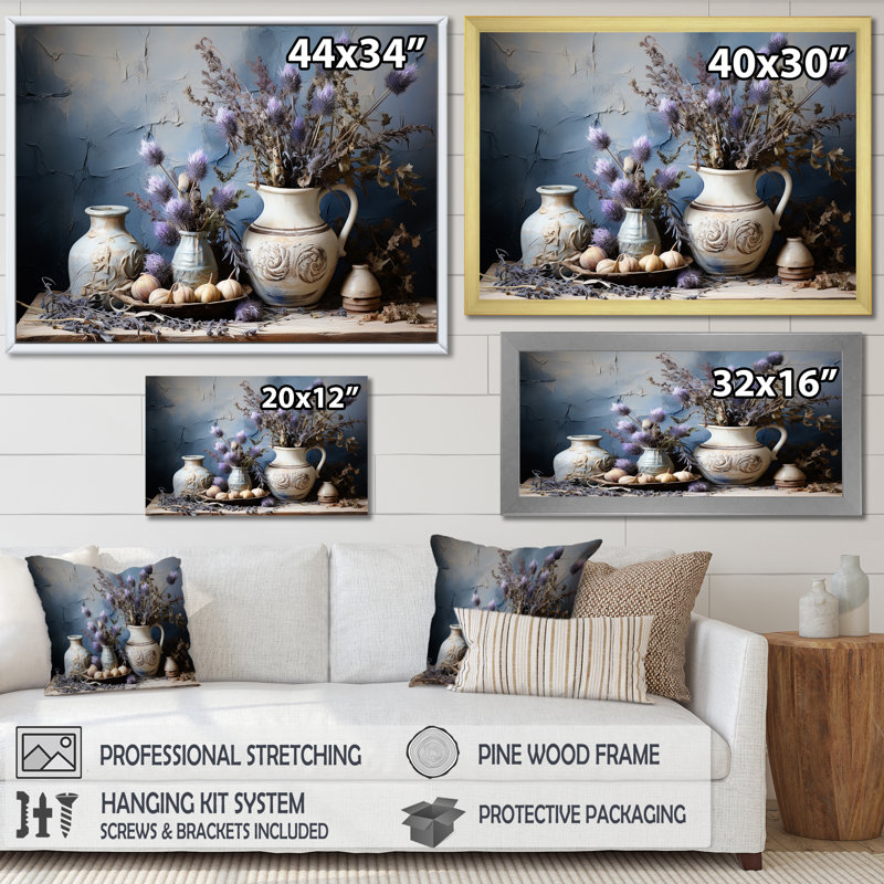 Thistle Farmhouse Still Life sur toile, Cadre flottant blanc, H 30 po x l 40 po