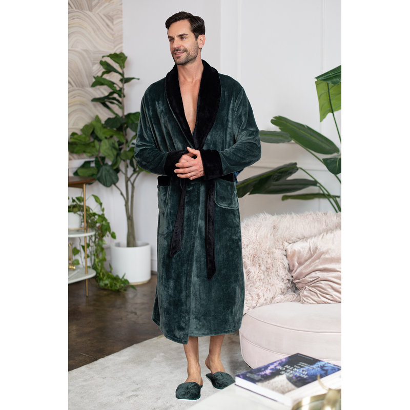  Peignoir en molleton mi-mollet avec poches, G / TG, Vert/noir