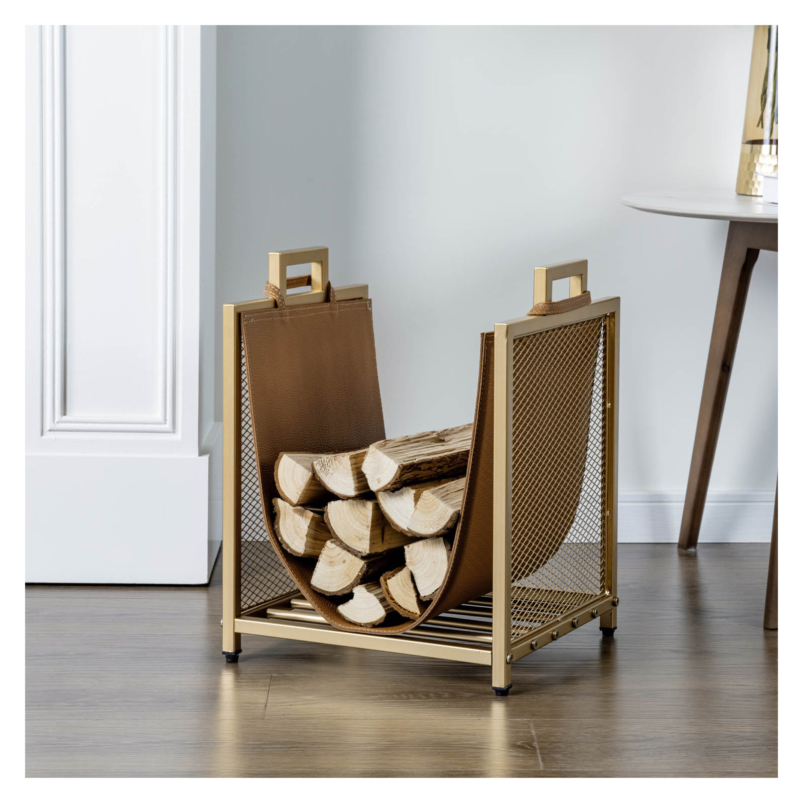Brown Leatherette Firewood Log Rack With Gold Decorative Frame