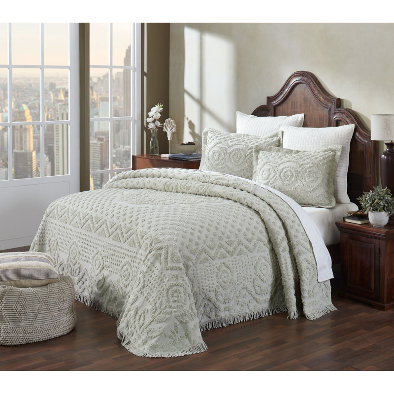 Sage Cotton Twin Bedspread with Tufted Chenille Design