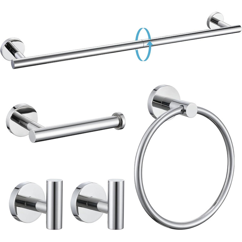 Wall Mounted 5-Pieces Bathroom Hardware Accessories Set, SUS304 Stainless Steel Bath Towel Bar Set, Round Towel Racks For Bathroom