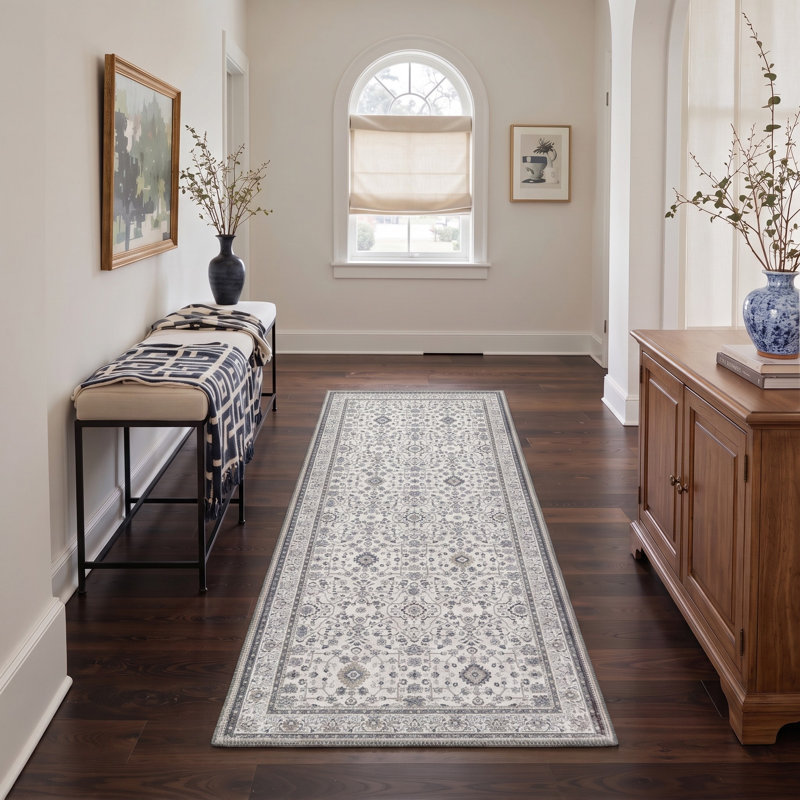 Tapis de couloir traditionnel gris/bleu oriental, performant, à poils courts, lavable et antidérapant