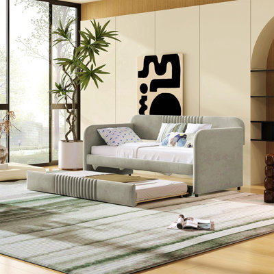 Upholstered Daybed Sofa Bed Twin Size With Trundle Bed And Wood Slat