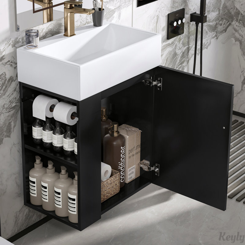 Meuble-lavabo compact de 20 po avec lavabo en céramique, porte à motif de losanges, poignée dorée et tablettes latérales