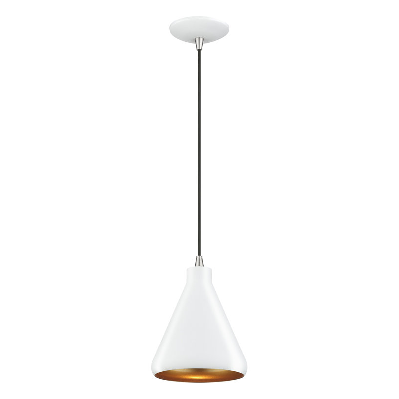 Mini-luminaire suspendu conique blanc 1 lumière avec détails en nickel brossé et abat-jour en aluminium blanc avec intérieur doré