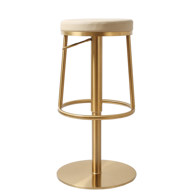Alfonz Swivel Upholstered Adjustable Height Bar Stool with Stainless Steel Frame, Beige/Gold