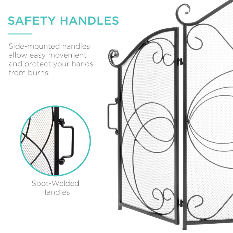 Black Wrought Iron 3-Panel Mesh Fireplace Screen with Decorative Scrolls